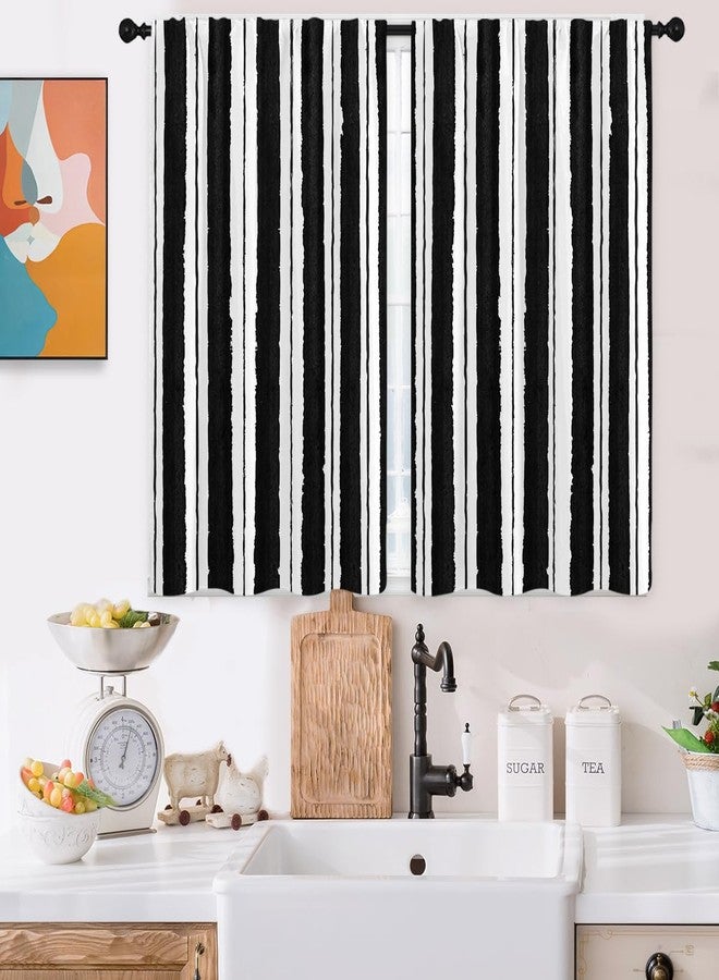 Kikiry Black White Kitchen Curtains Mini 27.5''W x 39''L Striped Boho Modern Dark Gothic Western Cool Pinstripe Lines Pattern Simple Short Small Cafe Room Window Drapes Treatment Tiers Fabric 1 Pair - Image 1